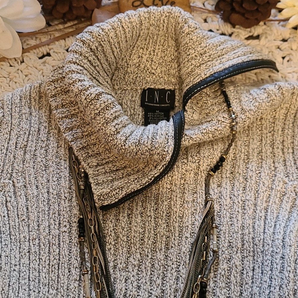 SWEATER GRAY BLACK WITH LEATHER TRIM RIBBED SIZE M - Picture 11 of 16